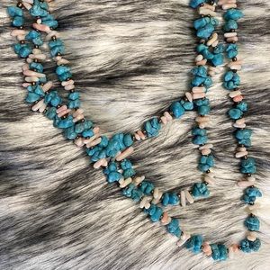Gorgeous tri-strands block turquoise nuggets and coral necklace